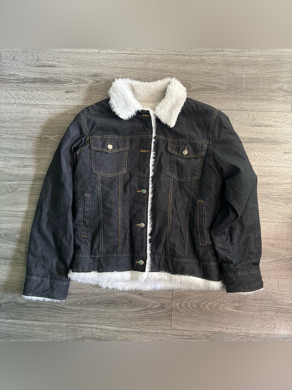 Women's Black Denim Jacket with White Sherpa Collar
